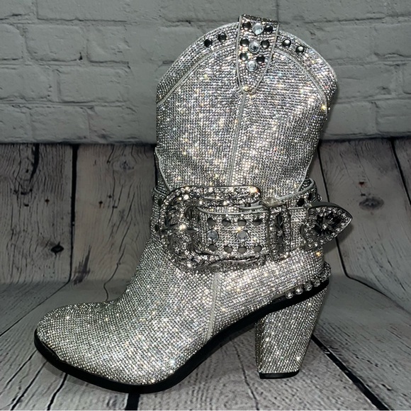 Club Exx Dolls Kill Icy Sheriff Shine Rhinestone Embellished Cowboy Boots - Picture 10 of 17